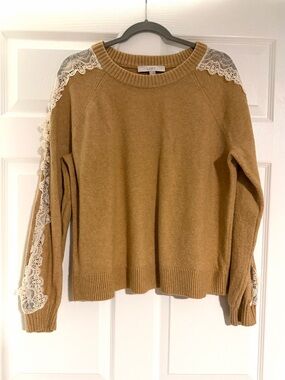 LOFT Camel Sweater with Ivory Lace Shoulder & Sleeve Trim